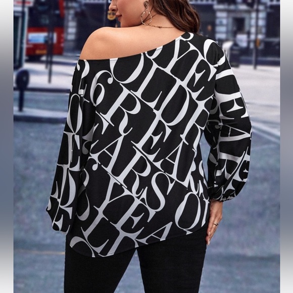 Classic Elegant Abstract Alphabet Letter Print Batwing Sleeve Top Blouse - Picture 9 of 11